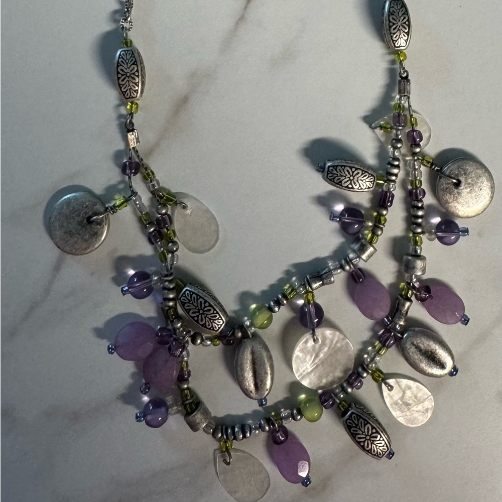 Coldwater Creek Purple and Lime Green Multi-Strand Beaded Necklace